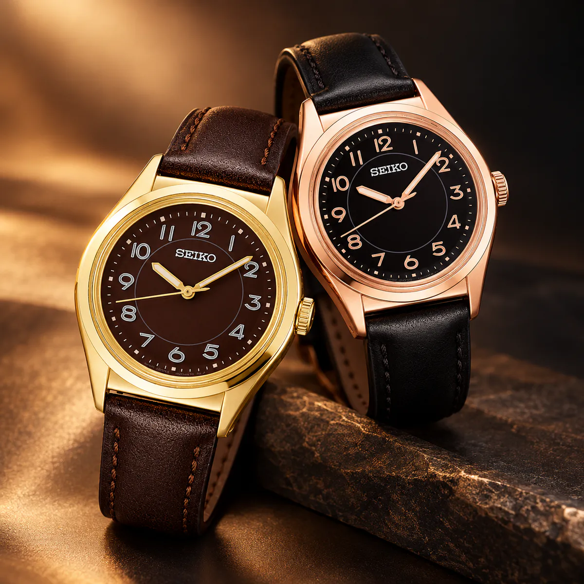 A dress watch with a leather strap resting on a neutral surface