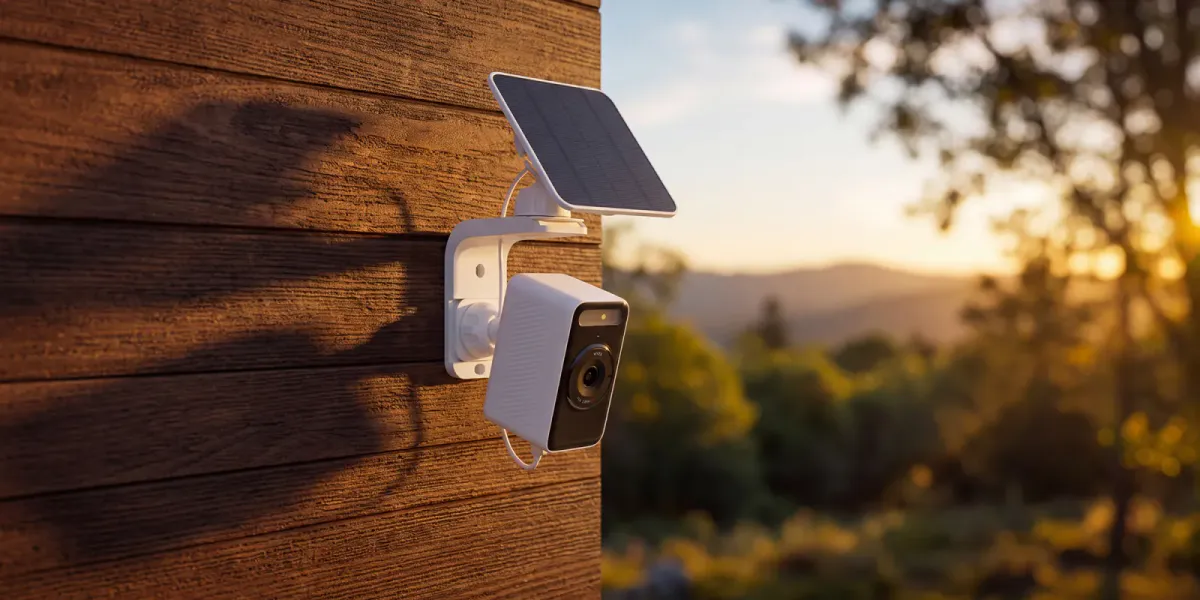 Outdoor security camera beside a small solar panel