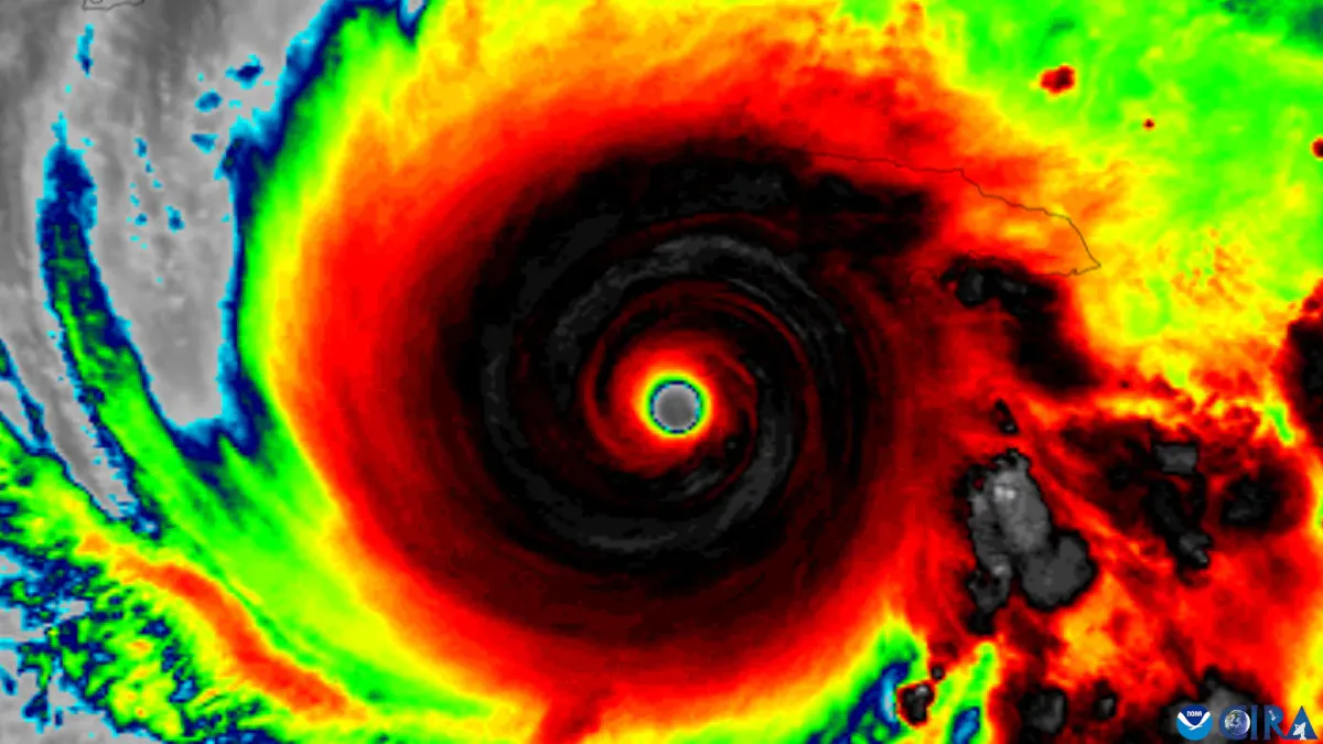 Illustration of a hurricane forecast cone over coastal and inland areas