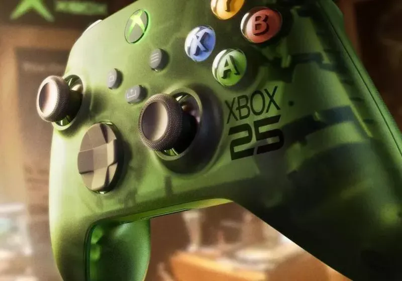 Game controller beside a television on a console table