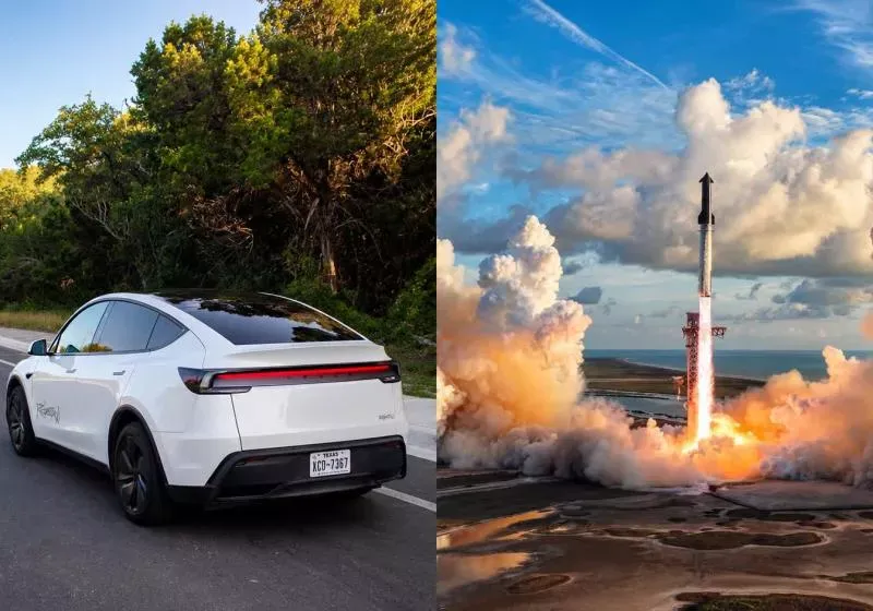 Illustration of an electric vehicle beside a rocket