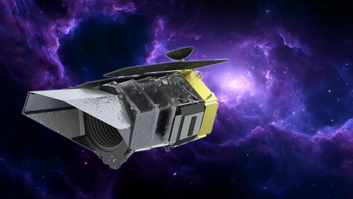 Illustration of a space telescope with mirrors and scientific instruments