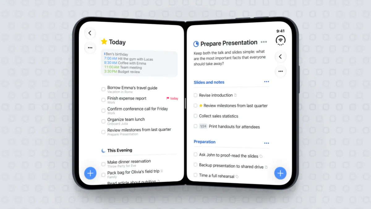Illustration of a foldable smartphone displaying task lists in two panels