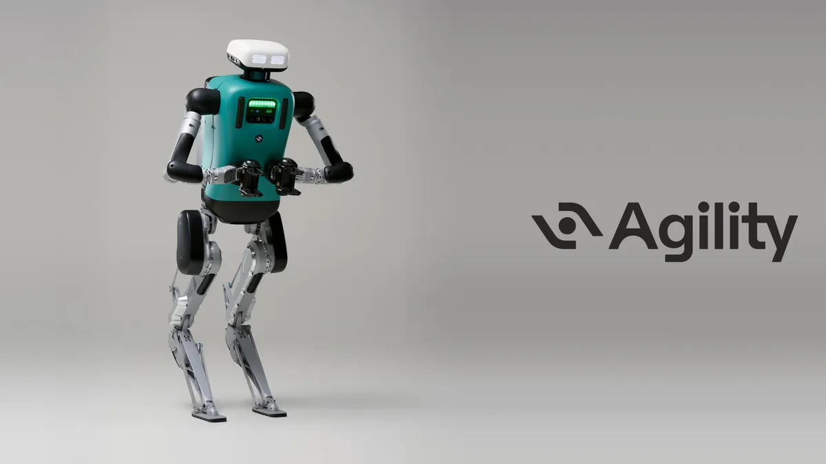 Illustration of a humanoid robot beside warehouse storage shelves