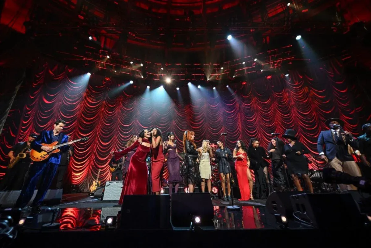 Microphones and musical instruments on a concert stage