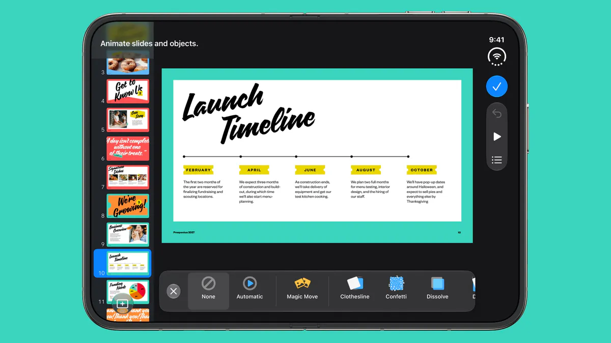 Tablet displaying a document, a spreadsheet and presentation slides
