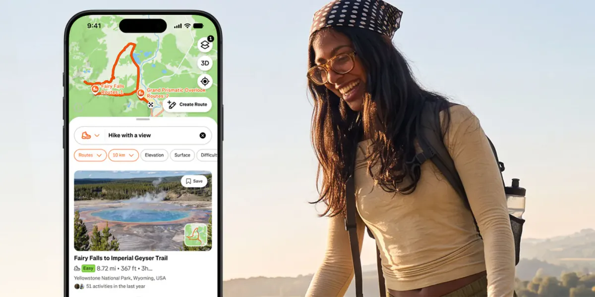 Smartphone displaying a map with a highlighted outdoor route