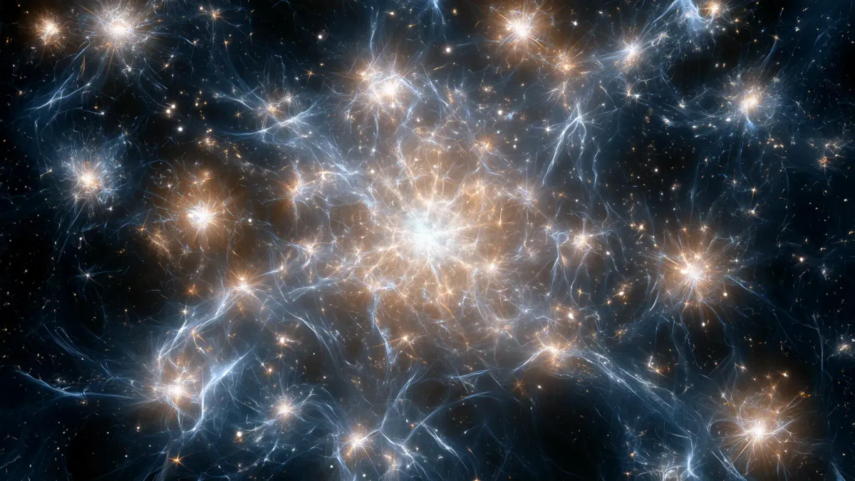 Illustration of a stellar explosion against a field of distant galaxies