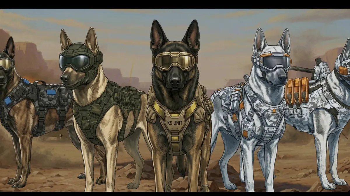 Illustration of a working dog beside protective equipment and laboratory tools