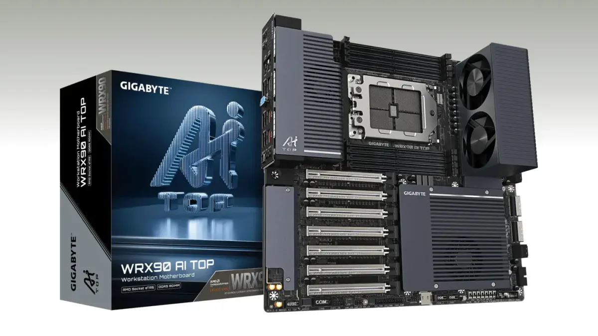 Workstation motherboard with memory slots, cooling fans and expansion connectors
