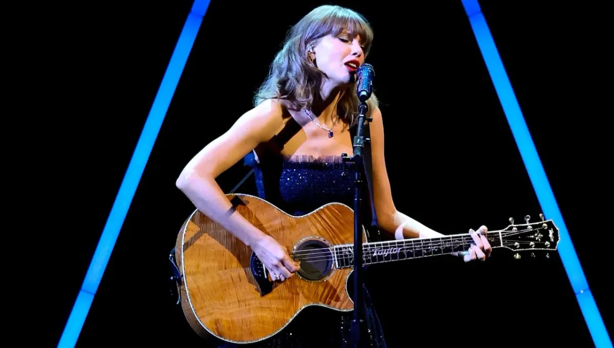 Microphone on a stage with musical instruments in the background