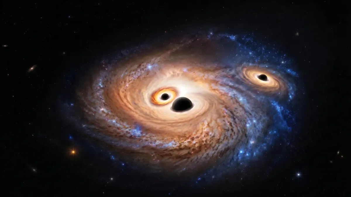 Illustration of black holes surrounded by glowing gas within a distant galaxy
