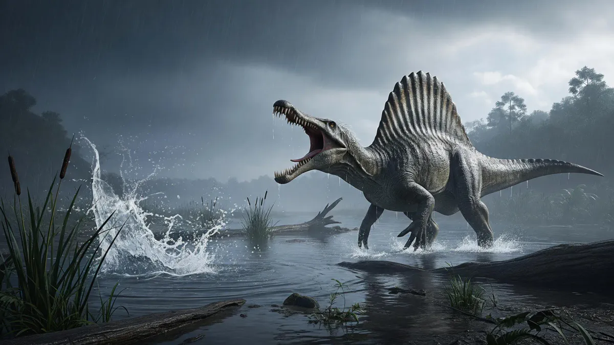 Illustration of a dinosaur skeleton beside water