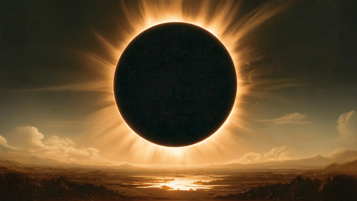 Illustration of a total solar eclipse with the Sun's outer atmosphere visible