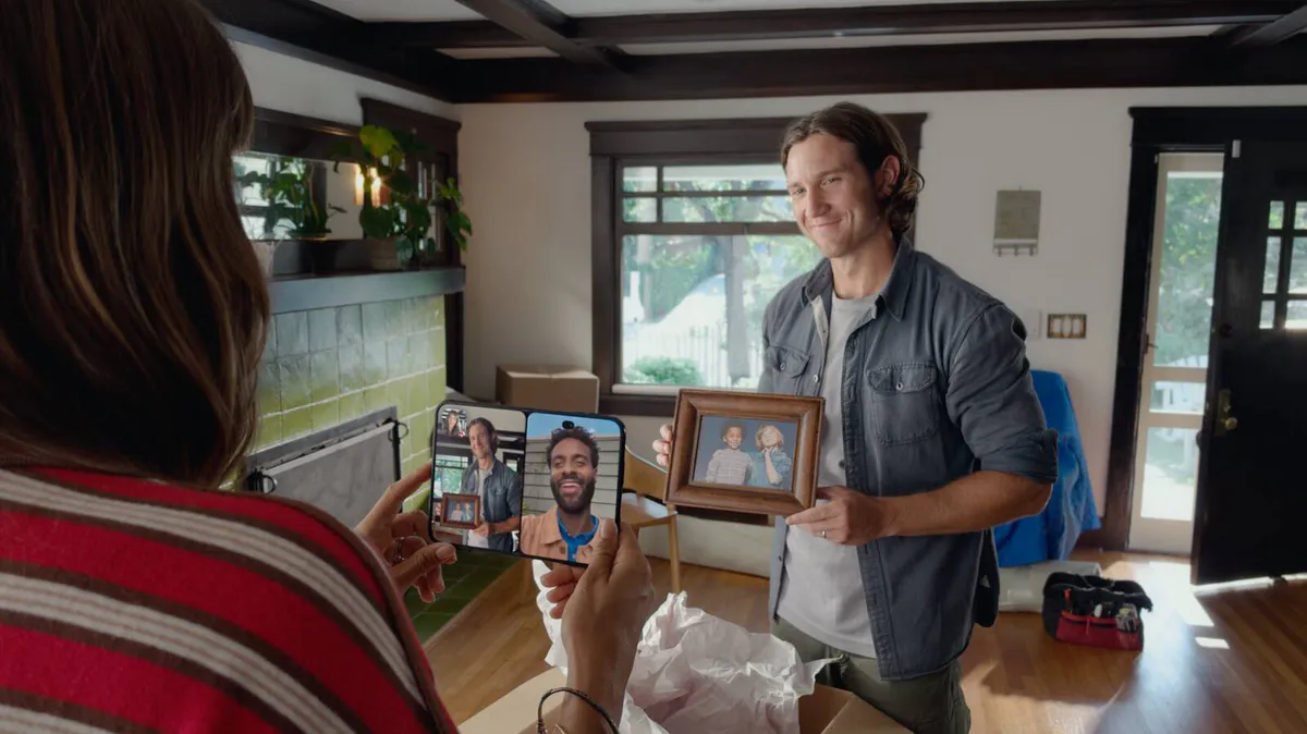 Illustration of a foldable smartphone displaying a video call