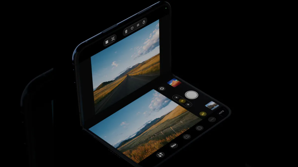 Illustration of a partly folded smartphone with camera controls on its screen