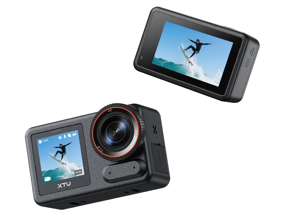 Compact action camera with a touchscreen and mounting accessories