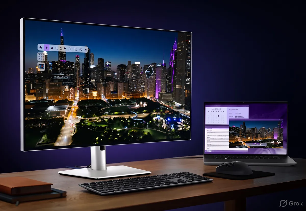 Desktop monitor on an adjustable stand beside a keyboard