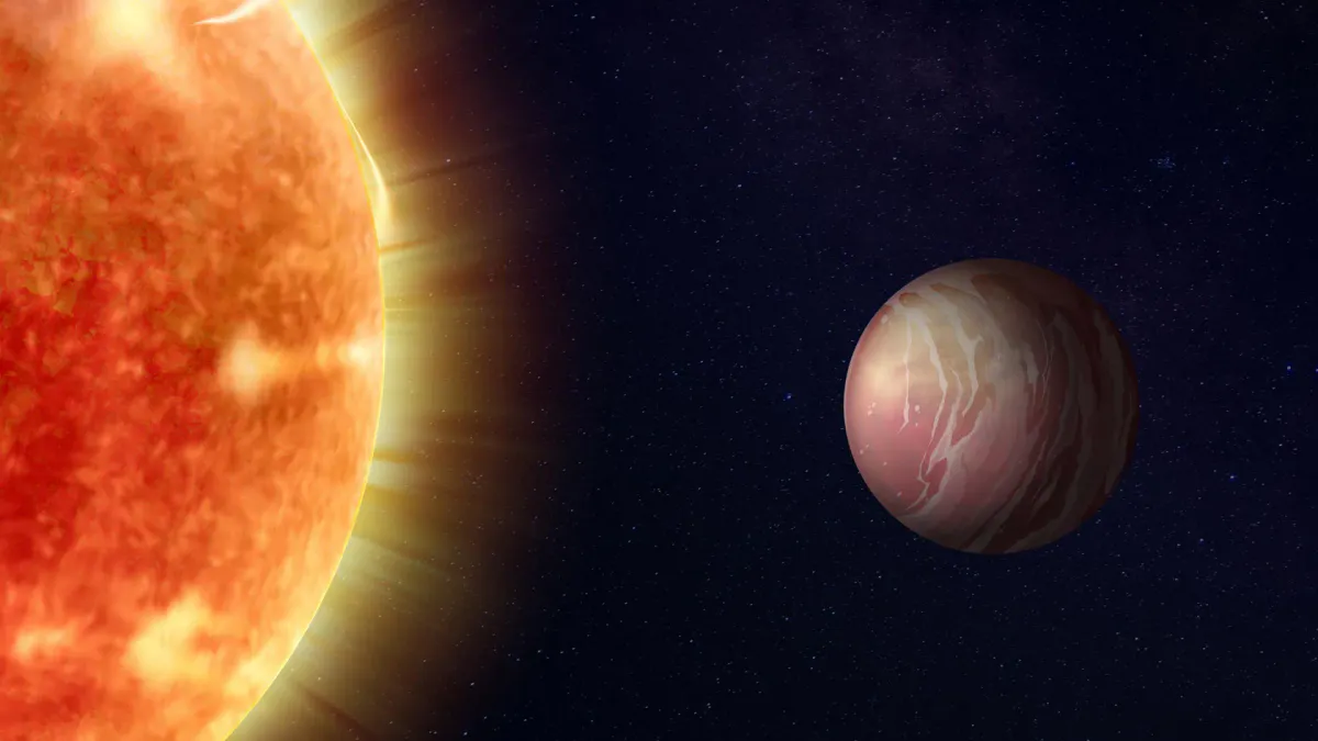 Illustration of a rocky planet with a molten surface orbiting close to a star