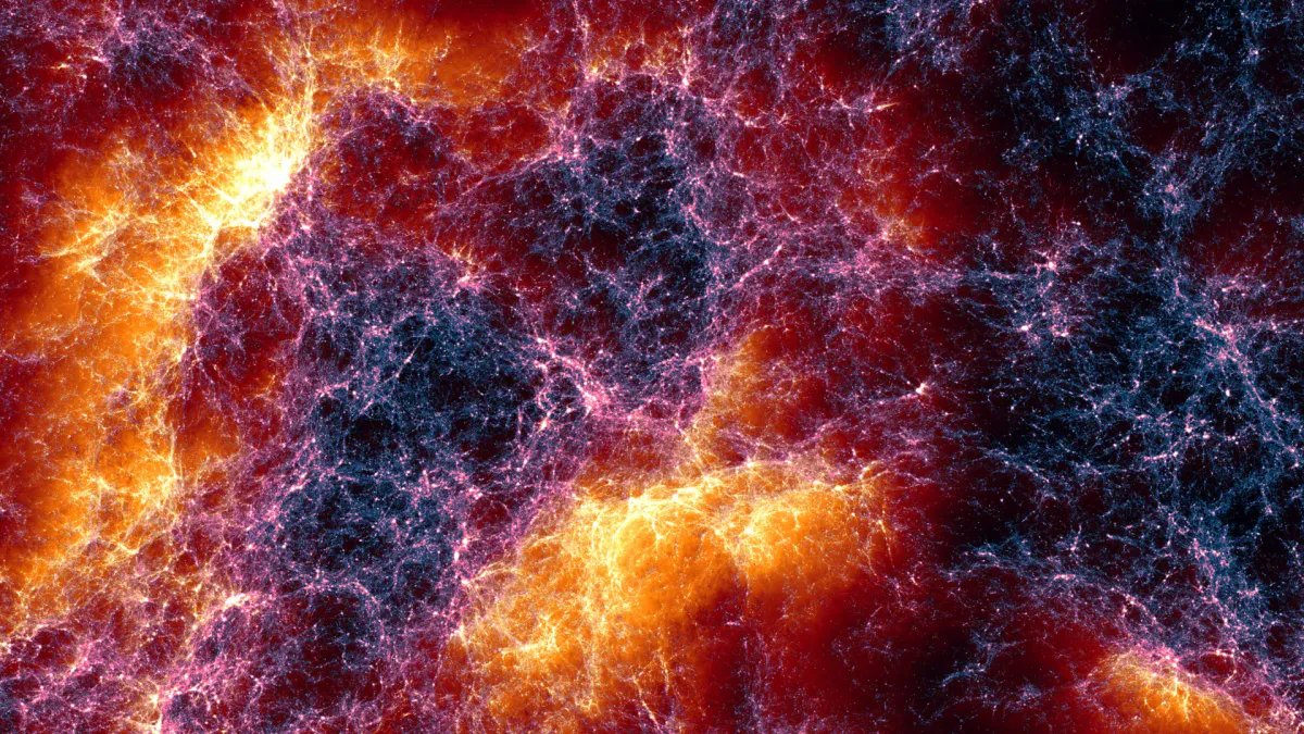Illustration of galaxies and diffuse gas across a simulated region of space