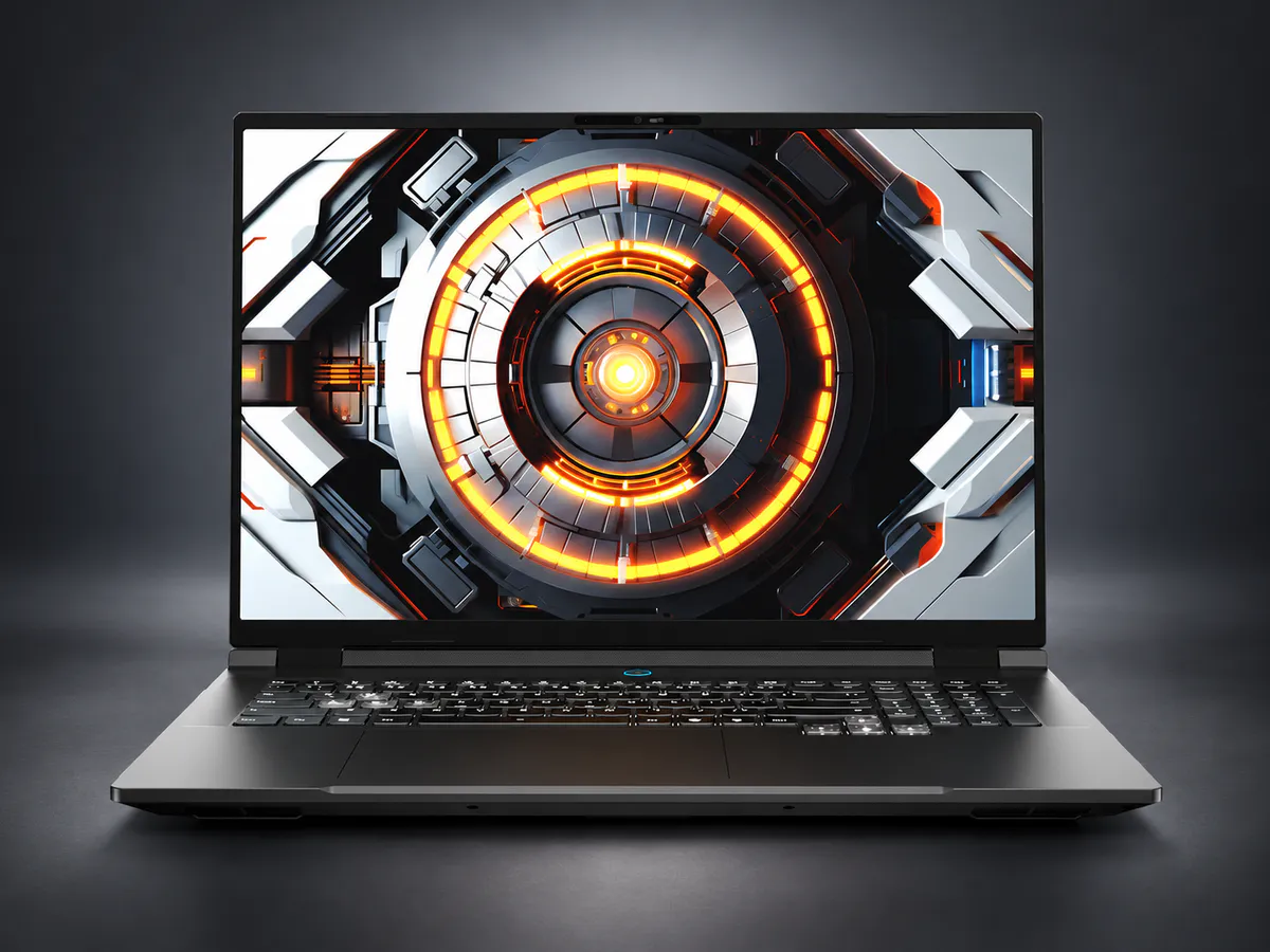 Illustration of a gaming laptop with a backlit keyboard on a desk