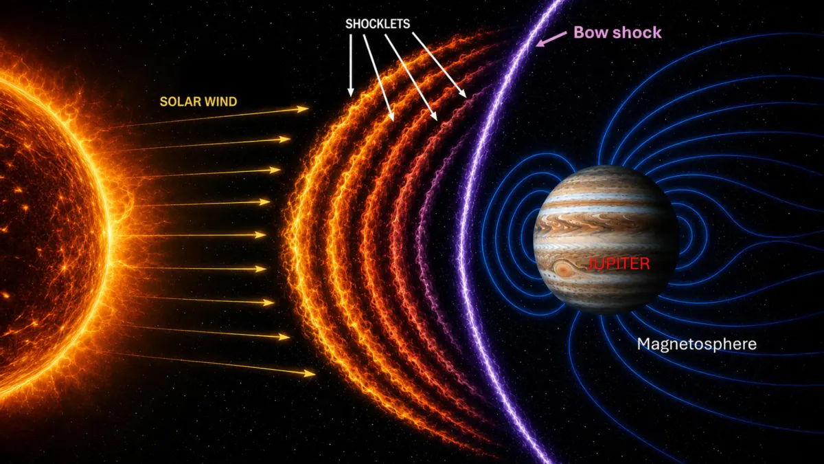 Illustration of a spacecraft near Jupiter with lines representing its magnetic environment