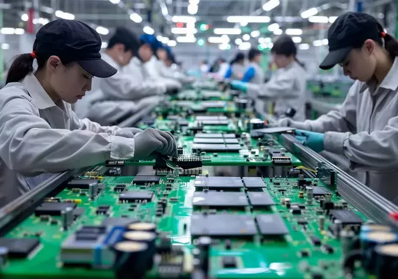 Computer components arranged on a factory workbench