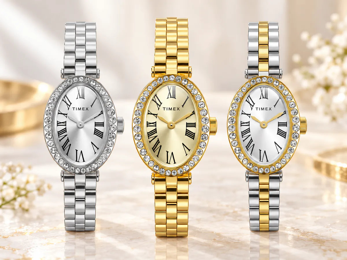 Illustration of an oval wristwatch with a metal bracelet and crystal-trimmed bezel