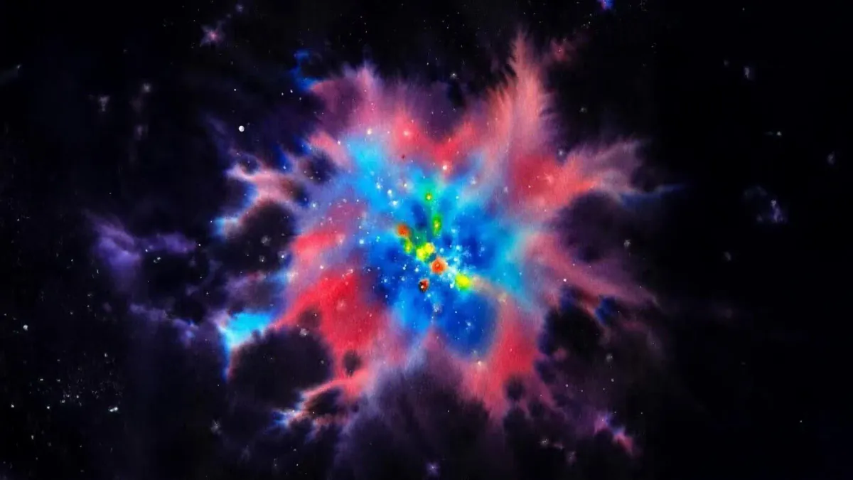 Illustration of stars surrounded by clouds of gas and dust in a galaxy