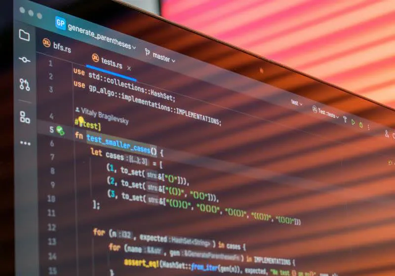 Computer monitor displaying programming code beside a keyboard