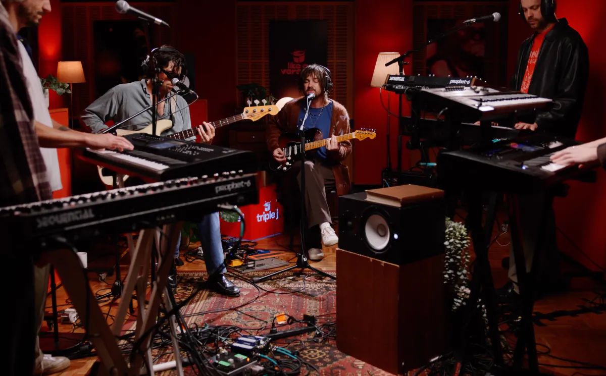 Microphone and instruments in a recording studio