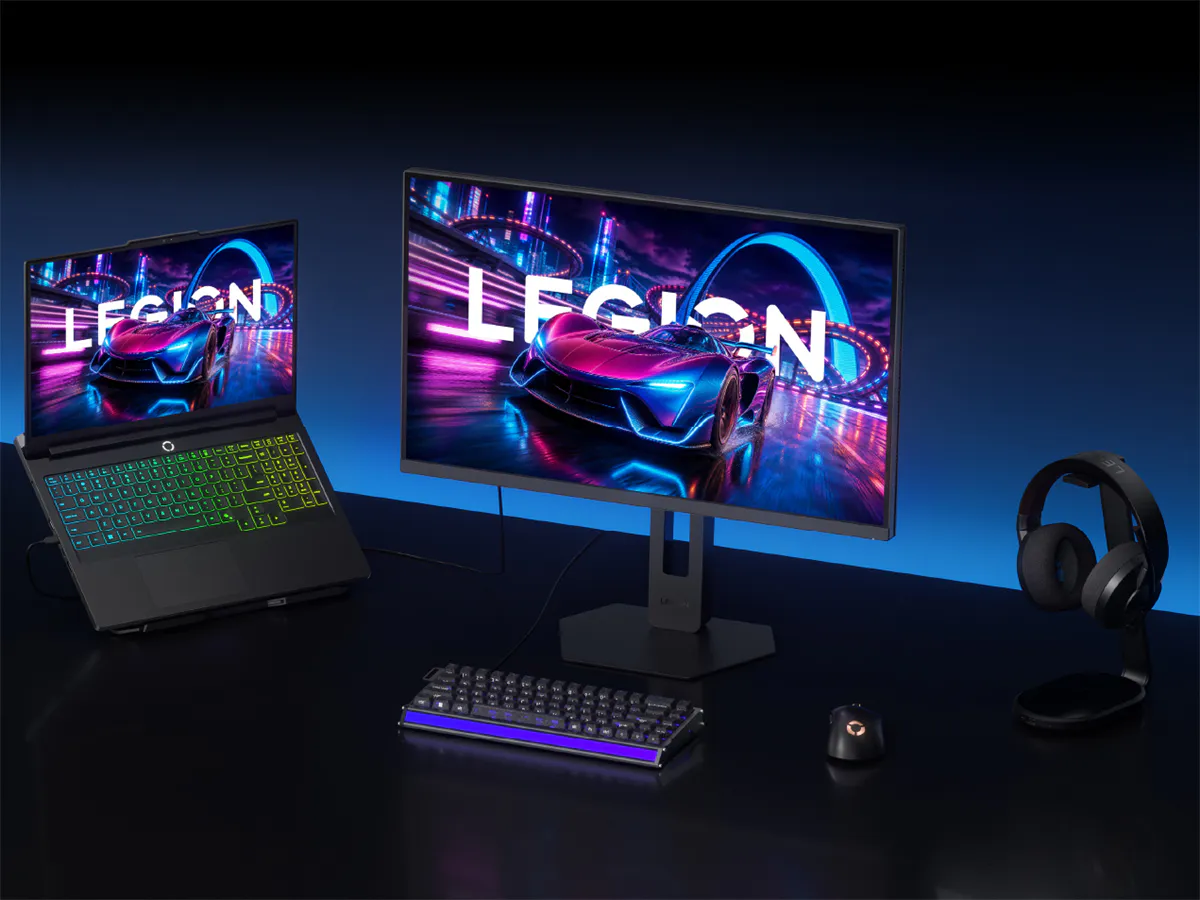 Illustration of a gaming monitor on an adjustable desktop stand